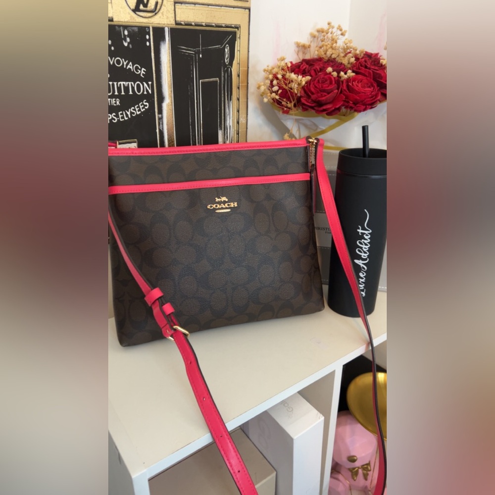 Coach Brown Signature Crossbody with Pink Trim
